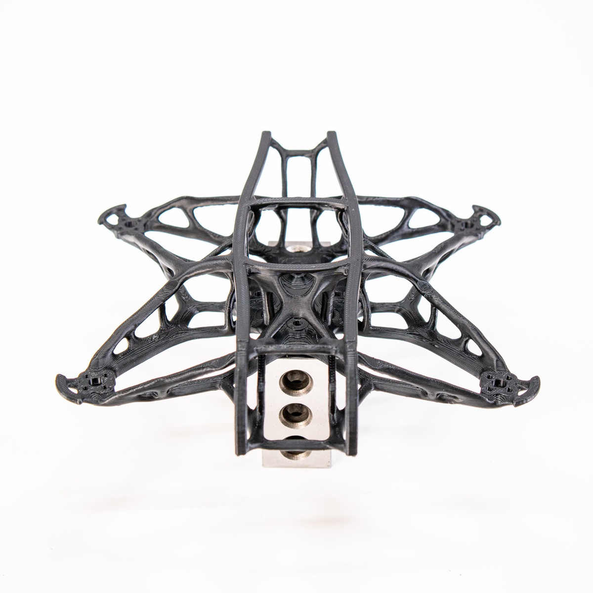 Generatively designed drone frame in carbon-fibre ASA, photographed on white